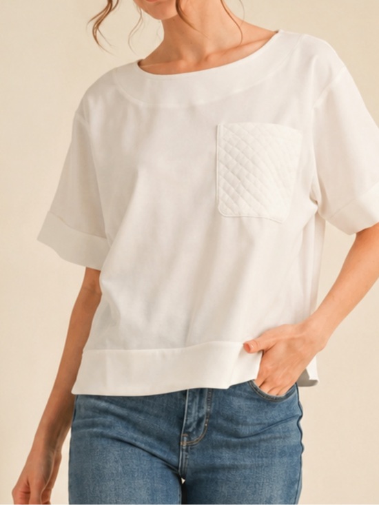 JODIFL Tops - T178 Jodifl White Boxy Quilted Chest Pocket Cuffed Short Sleeve Versatile Top